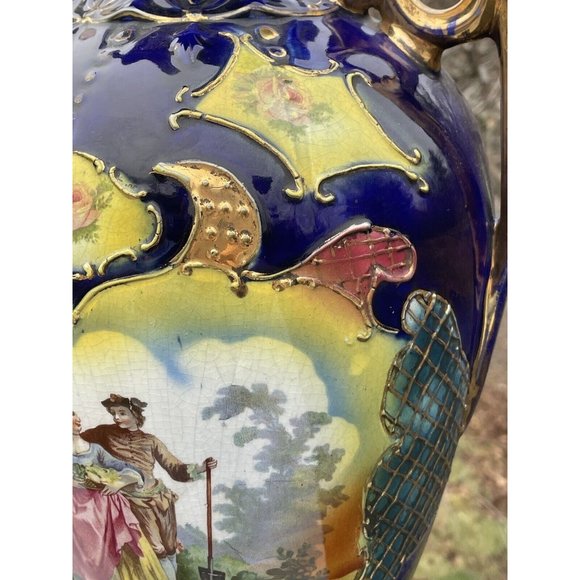 18 3/8" LARGE Antique Ceramic Vase 'Dudley' Transfer Print Cobalt Blue Gilt - Picture 8 of 16